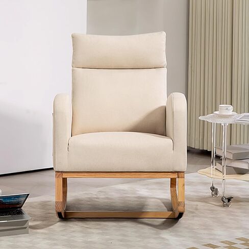 Nursery Glider Chair Rocking Chair, Upholstered Nursery with Rubber Wood Legs, Comfy High Backrest, Side Pockets, Accent Rocker Armchair for Living Room, 27.6" D x 33.9" W x 41.1" H, White in Saudi Arabia