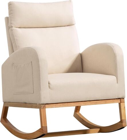Nursery Glider Chair Rocking Chair, Upholstered Nursery with Rubber Wood Legs, Comfy High Backrest, Side Pockets, Accent Rocker Armchair for Living Room, 27.6" D x 33.9" W x 41.1" H, White in Saudi Arabia