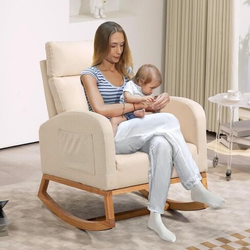 Nursery Glider Chair Rocking Chair, Upholstered Nursery with Rubber Wood Legs, Comfy High Backrest, Side Pockets, Accent Rocker Armchair for Living Room, 27.6" D x 33.9" W x 41.1" H, White in Saudi Arabia