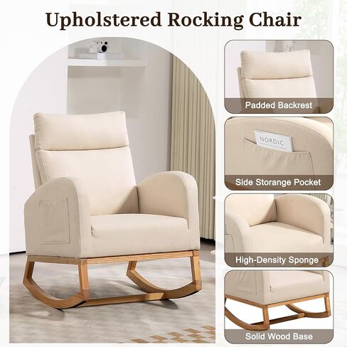 Nursery Glider Chair Rocking Chair, Upholstered Nursery with Rubber Wood Legs, Comfy High Backrest, Side Pockets, Accent Rocker Armchair for Living Room, 27.6" D x 33.9" W x 41.1" H, White in Saudi Arabia