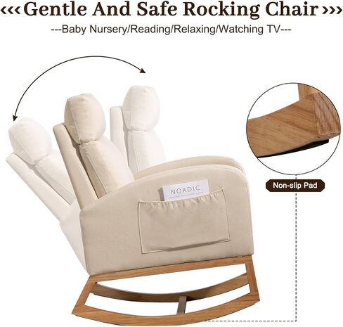 Nursery Glider Chair Rocking Chair, Upholstered Nursery with Rubber Wood Legs, Comfy High Backrest, Side Pockets, Accent Rocker Armchair for Living Room, 27.6" D x 33.9" W x 41.1" H, White in Saudi Arabia