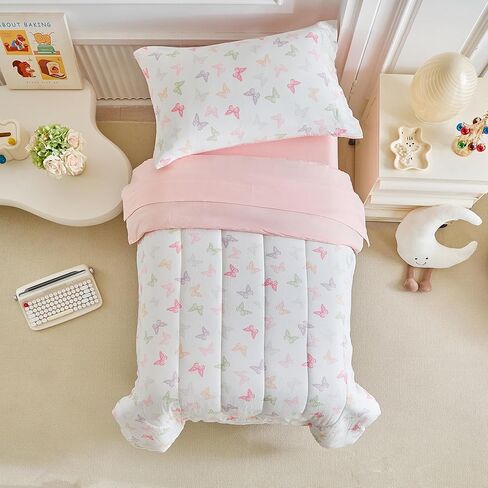 JoyReap 4 قطعة صغيرة الفراش مجموعة- وردي N تصميم الفراشات الأرجواني ، Microfiber Toddler Comforter مجموعة للبنات in Kuwait