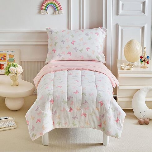 JoyReap 4 قطعة صغيرة الفراش مجموعة- وردي N تصميم الفراشات الأرجواني ، Microfiber Toddler Comforter مجموعة للبنات in Kuwait
