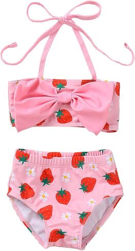 Toddler Girls Swimsuit Fruit Print Swimwear Kids Two Piece Bathing Suits Bowknot Beach Bikini Set 12M-5T in Saudi Arabia