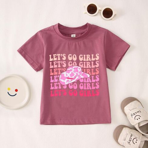Modntoga Toddler Girl Leopard Cowboy Hat Graphic Tshirt Retro Western Cowgirl Shirt Let Go Go Girls Print Short Sleeve Top Top in Kuwait