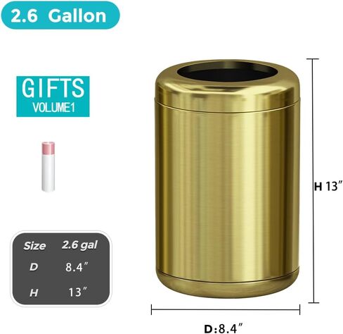 10L/2.6Gallon Small Gold Bathroom Trash Can,Brushed Gold Bathroom Garbage Can，Brass Trash Can for Bathroom,Vanity Bedroom,Hotel,Dressing Room，Rv, Store (135 Gold) in Saudi Arabia