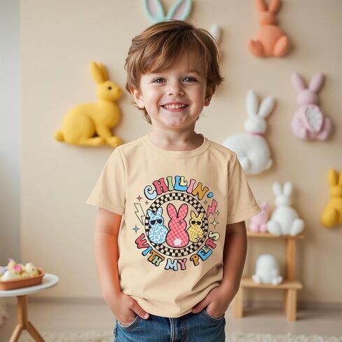 Toddler Baby Boy Girl Easter Shirt Cute Bunny Graphic T-Shirt Funny Chillin' with My Peeps Tee Short Sleeve Tops in Saudi Arabia