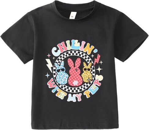Toddler Baby Boy Girl Easter Shirt Cute Bunny Graphic T-Shirt Funny Chillin' with My Peeps Tee Short Sleeve Tops in Saudi Arabia