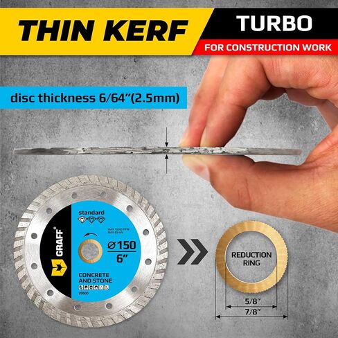 6 Inch Diamond Cutting Wheel for Angle Grinder Arbor 7/8"-5/8" – Turbo Diamond Blade for Stone, Marble, Granite, Brick, Masonry, Concrete – Diamond Saw Blades GRAFF in Kuwait