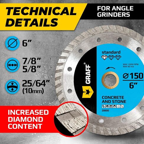 6 Inch Diamond Cutting Wheel for Angle Grinder Arbor 7/8"-5/8" – Turbo Diamond Blade for Stone, Marble, Granite, Brick, Masonry, Concrete – Diamond Saw Blades GRAFF in Kuwait
