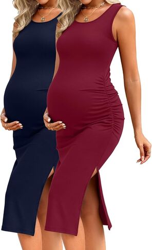 Neer 2 Pack Women's Sleeveless Tank Maternity Dress Ruch Side Cotton Knit Pregnancy Clothes Split Long Bodycon Midi Dresses in Saudi Arabia