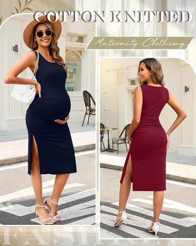 Neer 2 Pack Women's Sleeveless Tank Maternity Dress Ruch Side Cotton Knit Pregnancy Clothes Split Long Bodycon Midi Dresses in Saudi Arabia