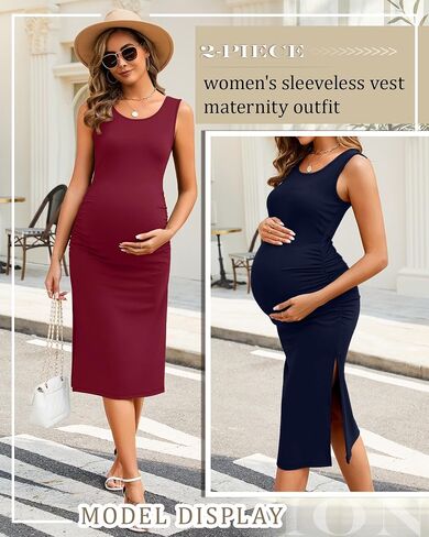 Neer 2 Pack Women's Sleeveless Tank Maternity Dress Ruch Side Cotton Knit Pregnancy Clothes Split Long Bodycon Midi Dresses in Saudi Arabia