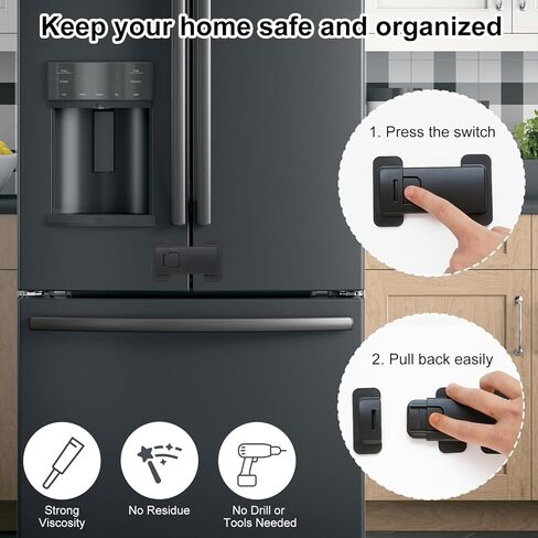 Fridge Locks for Kids, Child Proof Refrigerator Lock, Baby Safety French Fridge Door Lock, Child Cabinet Locks with Strong 3M Adhesive, No Drill, Tool-Free Install (1 Pack, Black) in Kuwait