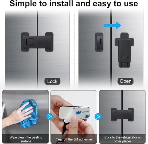 Fridge Locks for Kids, Child Proof Refrigerator Lock, Baby Safety French Fridge Door Lock, Child Cabinet Locks with Strong 3M Adhesive, No Drill, Tool-Free Install (1 Pack, Black) in Kuwait