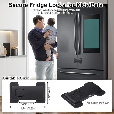 Fridge Locks for Kids, Child Proof Refrigerator Lock, Baby Safety French Fridge Door Lock, Child Cabinet Locks with Strong 3M Adhesive, No Drill, Tool-Free Install (1 Pack, Black) in Kuwait