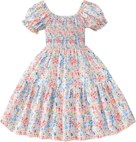 Toddler Baby Girls Summer Floral Dress Kids Puff Sleeve Square Neck Smocked Flowy Sun Dresses 2-8 Years in Kuwait