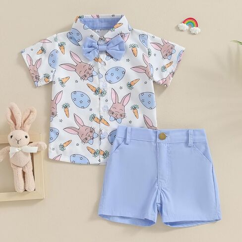 Toddler Baby Boy Easter Outfit Short Sleeve Button Down Shirt Elastic Waist Shorts Set Infant Boy Easter Clothes in Kuwait