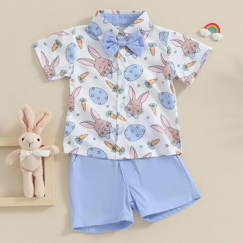 Toddler Baby Boy Easter Outfit Short Sleeve Button Down Shirt Elastic Waist Shorts Set Infant Boy Easter Clothes in Kuwait