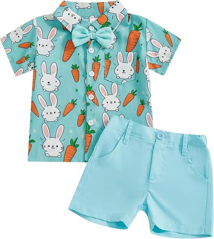 Toddler Baby Boy Easter Outfit Short Sleeve Button Down Shirt Elastic Waist Shorts Set Infant Boy Easter Clothes in Kuwait