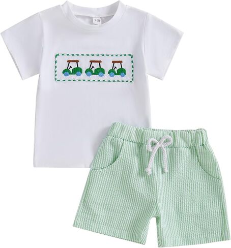 Toddler Baby Boy Summer Outfits Farmer Truck Gingham Boxer Shorts Set Little Kids 2Pcs Clothes 6 12 18 Months 2T 3T 4T in Kuwait
