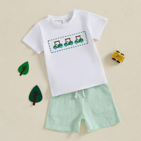 Toddler Baby Boy Summer Outfits Farmer Truck Gingham Boxer Shorts Set Little Kids 2Pcs Clothes 6 12 18 Months 2T 3T 4T in Kuwait