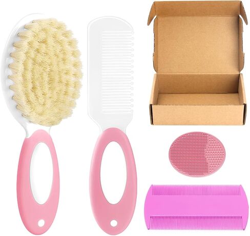 Baby Hair Brush and Comb Set, 4Pcs Baby Soft Bristles Brush Cradle Cap Brush Hair Comb for Newborns Toddlers Boys Girls (Pink) in Saudi Arabia