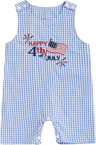 MoZiKQin Baby Girl Boy 4th of July Outfit American Flag Embroidered Romper Sleeveless Plaid Jumpsuit Shorts Summer Clothes in Kuwait
