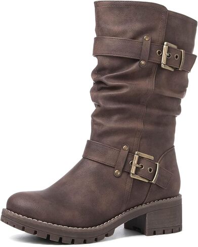 Globalwin Women's Mid Calf Dress But Boots Biker Motorcycle Riding Boots Women for Women in Kuwait