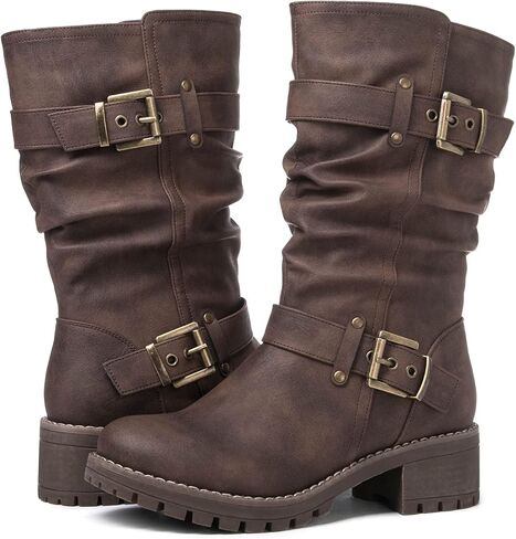 Globalwin Women's Mid Calf Dress But Boots Biker Motorcycle Riding Boots Women for Women in Kuwait