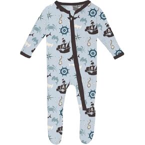 KicKee Print Footie with Zipper, Fitted Long Sleeve Pajamas, Ultra Soft Everyday One-Piece Loungewear, Baby and Kid Clothes for Boys and Girls (Illusion Blue Pirate Adventure - 9-12 Months)