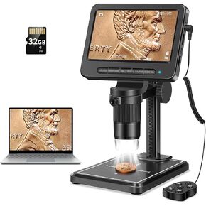 1080P LCD Digital Microscope with 32GB SD Card, Coin Microscope with 5-inch IPS Screen,PC View,Photo/Video Capture,Compatible with Windows Mac