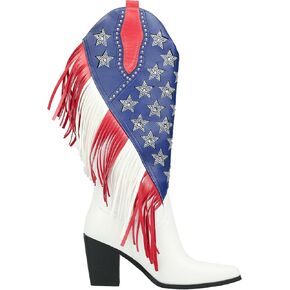 DETOGNI Women's Fringes American Flag Mid-Calf Western Boots Sparkling Stars Rhinestones Tassels Chunky Heels Cowboy Boots