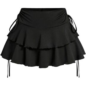 WDIRARA Women's Layered Ruffle Hem Mini Skirt High Waisted Stretchy Drawstring Skirts