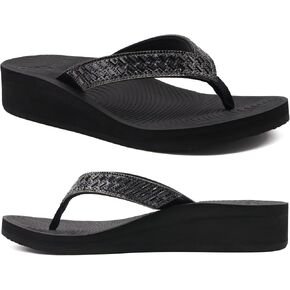 Kuailu Womens reary Rhinestone Platform Flip Flops Trendy Moving Arch Cushion وسادة المشي Thong Thong Yoga Foam Low Wedge Summer Pool Beach