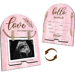 Hello World Baby Newborn Wooden Sign - Ultrasound Picture Frame With Stand - Double Sided Print Unfinished Baby Announcement Plaque - Hospital Nursery Baby Milestone Board & Pregnancy Gift(Pink) - A09