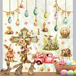 Easter Window Clings Decoration Christian Cross Window Stickers Happy Easter Egg Wall Stickers Vintage Chicken Eggs Bunny Rabbit Wall Decals Spring Holiday Party Supplies Deror