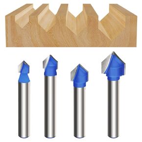 4pcs 90 درجة V مجموعة بت أخوه ، 1/4 '' Shank Carbide v Milling Cutter ، CNC Engraving v bits for woodwork ، التنميط الخشبي ، الحواف (قطع ضياء: 1/4 '، 5/16' ، 3/8 '' ، 1/2 ')