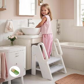 Foldable Step Stool for Toddlers with Safety Rail, Kids Step Stool for Bathroom Sink, Potty Training Stool, Adjustable Height, Non-Slip Pads, Perfect Kitchen Step Ladder for Children, Grey