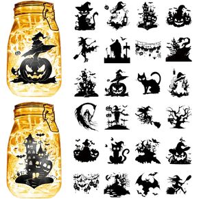 CREATCABIN 24PCS Halloween Silhouettes Stickers Mason Jar Cutouts Decals Castle Witch Stickable Scrapbook Waterproof PVC Lantern Jar Decoration for Wall Windows Frosted Glass Jars Crafts 3.5x3.9in