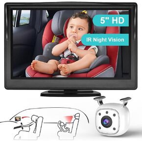 مرآة سيارة الطفل ، 5 "HD 1080p كاميرا كاميرا الطفل مع وظيفة الرؤية الليلية ، عرض طفلين بزاوية واسعة 120 درجة بوضوح ، سهولة التثبيت ، قوس مزدوج