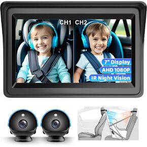 Baby Car Camera Dual Channel, 7'' HD 1080P Monitor & 2 Camera, Split Screen Display, Night Vision & 150° Wide View Baby Car Mirror Camera for Rear Facing Seat Backseat, Plug and Play, 360° Rotation