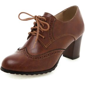 Womens Chunky High Heel Pumps Lace Up Oxfords Brogues Shoes