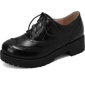 SHEMEE Patent Leather Chunky Mid Heels Wingtip Oxfords Lug Sole Brogues Platform Saddle Shoes for Women