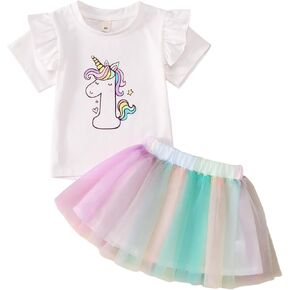 SOFEON Toddler Baby Girl Unicorn Birthday Outfit 1st/2nd/3rd/4th/5th T-Shirt Colorful Tutu Skirts Kids Cake Smash Outfit