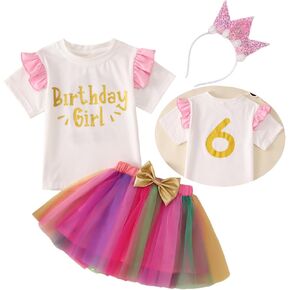 Birthday Girl 3PCs Outfit Toddler Baby Girl Fly Sleeve T Shirt Colourful Tutu Skirt Crown Headband Summer Clothes Set