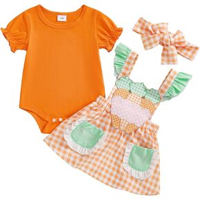 Baby Girl Easter Outfit Short Sleeve Romper Carrot Patch Plaid Suspender Skirt Dress Headband 3Pcs Clothes Set