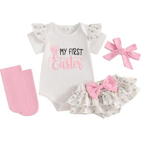 Newborn Baby Girl Easter Outfit Ruffle Short Sleeve Romper Rabbit Tutu Shorts Headband Socks 4Pcs Clothes