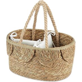 FairyHaus Diaper Caddy Organizer, Portable Natural Wicker Diaper Caddy with Rope Handles and Cotton Divider, Handwoven Seagrass Diaper Caddy Basket with Scalloped Edge for Nursery