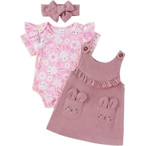 My First Easter Baby Girl Outfit Newborn Rabbit Romper Bodysuit Bunny Ear Corduroy Skirt Headband Clothes Set